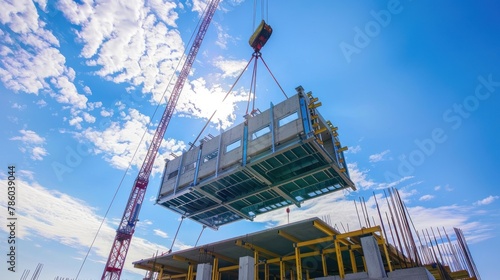 A construction crane lifting pre-fabricated sections of a building into place.