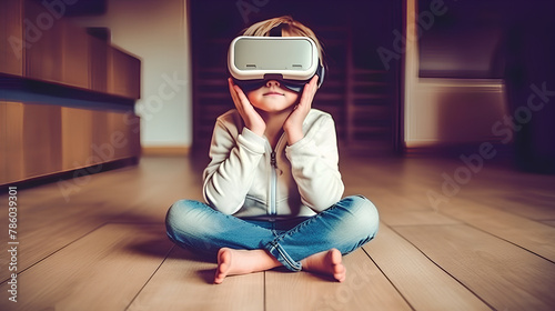 A happy child at home wearing virtual reality glasses. Childhood, games, leisure.