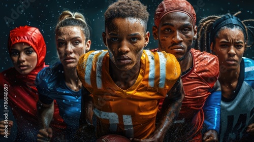 athletes of different ethnic groups and gender on a black background. football player, swimmer, jumper, break dancer, jockey, runner, shot thrower, gymnast standing together .