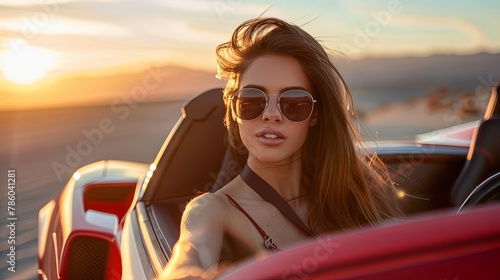 Closeup portarit of cute girl driving convertible sports car at sunset alone