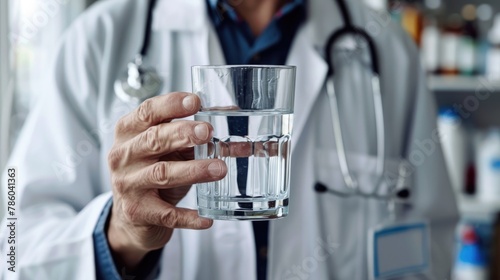 A medical professional wearing a lab coat is holding a glass filled with water