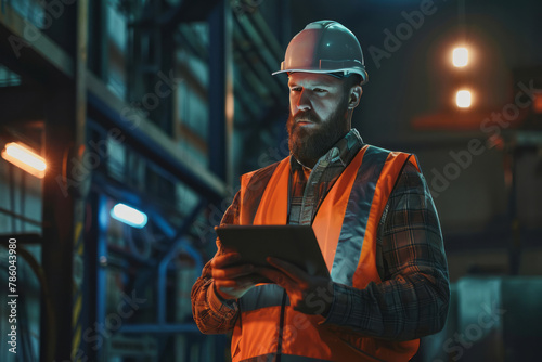 A worker, wearing a high vis vest and hard hat, holds a tablet while working on the production line at a factory.