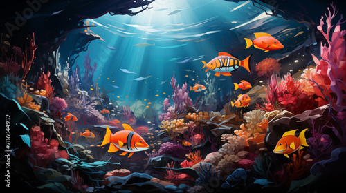 inhabitants of a coral reef, such as colorful reef fish with vibrant colors, 