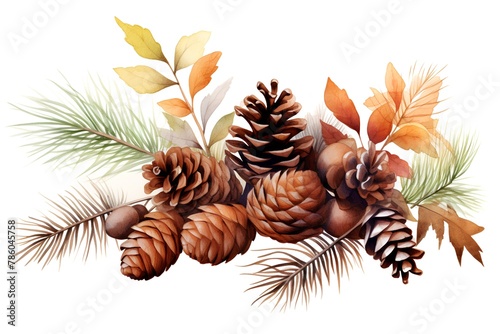 Beautiful vector image with nice watercolor autumn leaves and pine cones