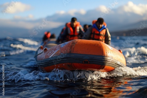 Several individuals enjoy a ride on an inflatable boat, cruising along the water. The group looks happy and excited as they experience the thrill of the boats movement