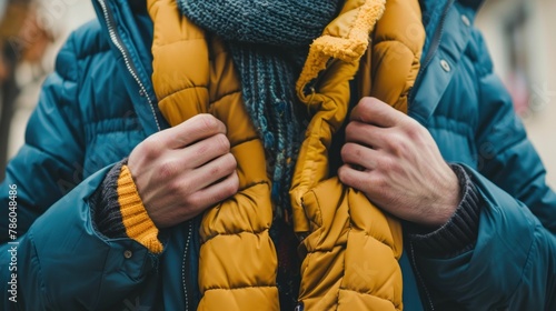 A person layering clothing for warmth in cold weather. 
