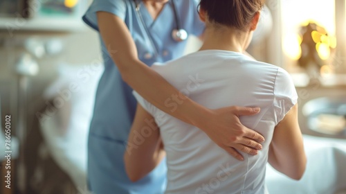 A healthcare worker gently helps a woman stand, offering support and comfort. The scene evokes feelings of trust and care within a medical setting. generative ai illustration.