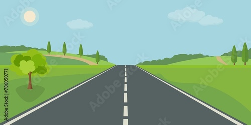 Strada dritta vuota attraverso la campagna. Verdi colline, cielo blu, prato e montagne. con galleria - illustrazioni