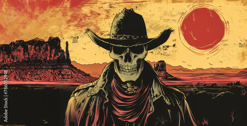 A man in a cowboy hat and a skull on his face stands in front of a red sun