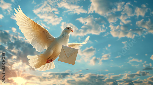white dove with letter flying in the sky, Pigeon post concept