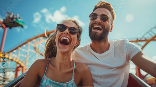 happy positive couple on a roller coaster laughs and screams from an overabundance of emotions. theme park is one of the best solutions for your vacation