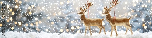 A trio of festive reindeer ornaments with golden antlers, set against a wintry snow-white backdrop. 