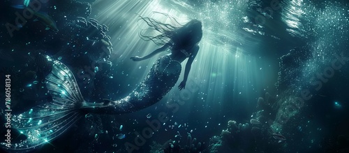 Beautiful mermaid underwater. Mermaid woman swims underwater at depth