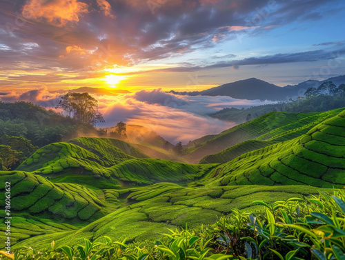 Viewpoint on the top of cameron highland, tea valley and sunrise - AI