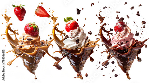 Chocolate, strawberry, caramel Ice Cream Explosions Set white background