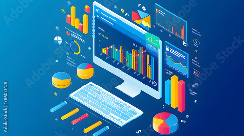 Isometric illustration of a computer monitor displaying colorful graphs and analytics with accompanying charts and icons