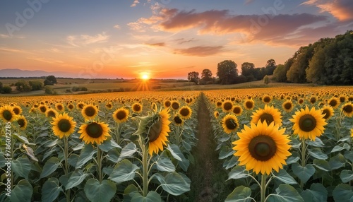 Sunflowers in full bloom at sunset