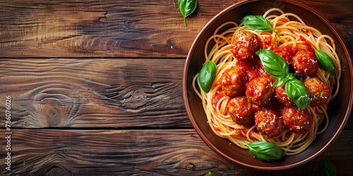Pasta with meatballs and tomato sauce on a rustic table.