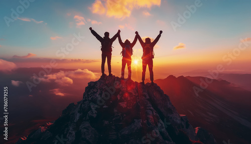 Three hikers triumphantly raise their arms atop mountain peak as sun sets behind them, casting warm glow over the majestic landscape. Active people, beauty in Nature and friendship concept.
