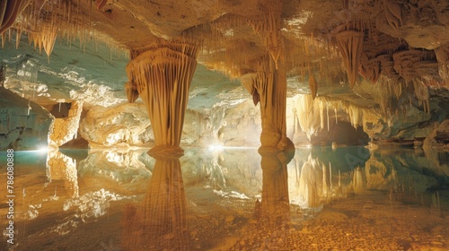 The image is of an underground cave with a crystal clear lake reflecting the stalactites and stalagmites.