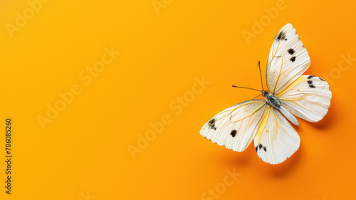 A monochromatic butterfly, showcasing spots and patterns, poses on a single-colored orange background, articulating simplicity and purity