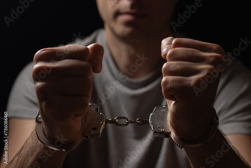 The arrested criminal handcuffed. Hands with handcuffs in the front