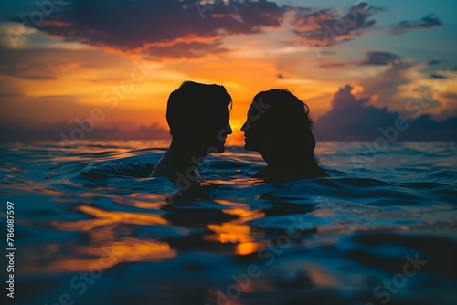 Kobieta i mężczyzna korzystają z wieczornej kąpieli w jeziorze