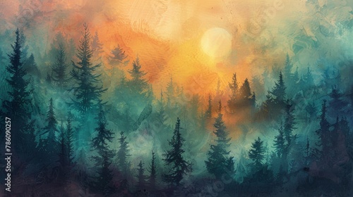 a painting with trees and sun in the background and watercolor overlaying