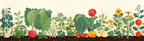 A colorful and detailed illustration showcasing a variety of vegetables and wildflowers thriving together in a bountiful garden setting.