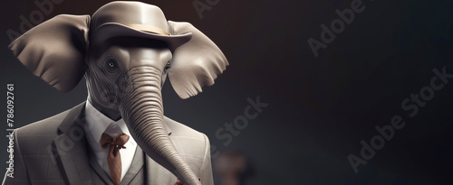 Gentleman boss elephant with a trunk and big ears wearing a hat, suit and tie. Banner header. AI generated.