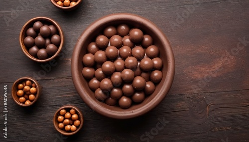 Choco drops with chocoballs, choco bars, caramel in a clay bowl on wooden background, top view