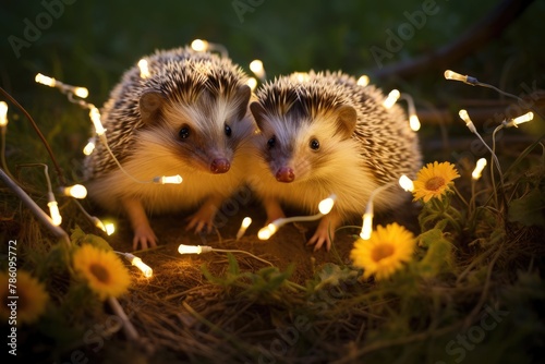 Hedgehogs exploring a grassy area adorned with tiny lights.