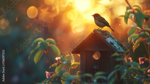 A bird perches on top of a birdhouse in the warm glow