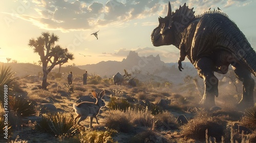 a large dinosaur is moving through a desert in this scene