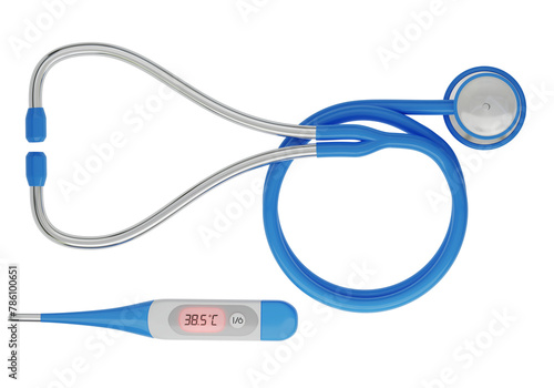 Termometro digitale e stetoscopio su sfondo trasparente, illustrazione 3d