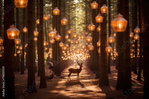 Deer prancing through a forest adorned with hanging lanterns.