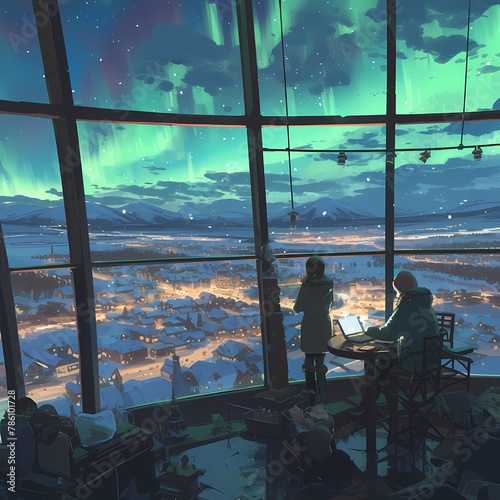 Enchanting Snowfall Overlit Cityscape with Aurora Borealis and Secluded Penthouse Vantage Point