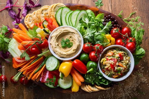 Hummus and fresh vegetables snack platter with grain salad and crackers