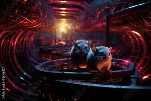 Rats navigating a maze of glowing tunnels.