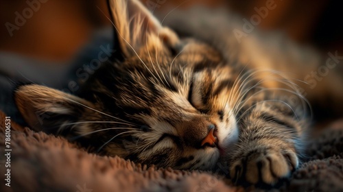 AI generated illustration of Striped kitten naps peacefully on a sunlit blanket