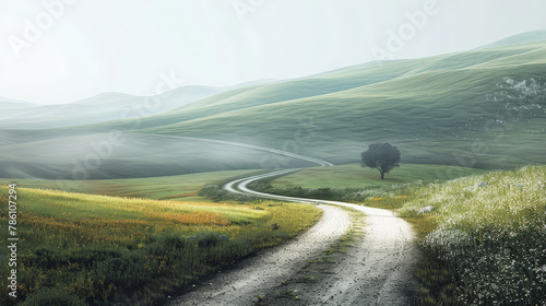 A road winds through a grassy field with a tree in the middle