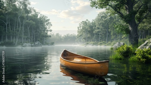 A small wooden canoe sits in a lake surrounded by trees
