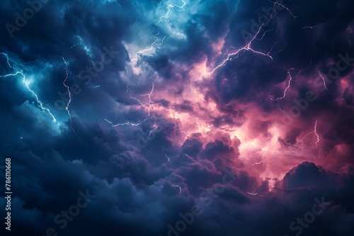 AI generated illustration of a powerful thunderstorm illuminating a dark sky with bright light