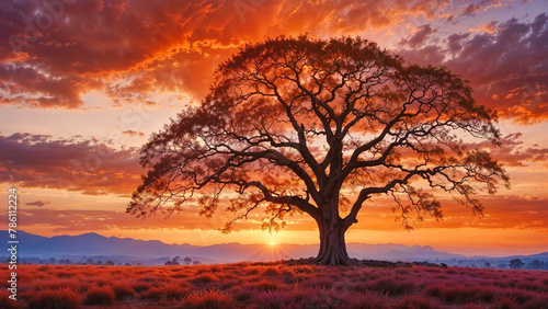 a stunning sunset sky ablaze with fiery oranges and soft pinks, a solitary tree standing tall