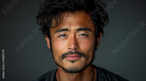 A Chinese man with a beard and dark hair is looking at the camera. He has a serious expression on his face. A young Chinese man is against a gradient gray backdrop, with an short and neat hairstyle