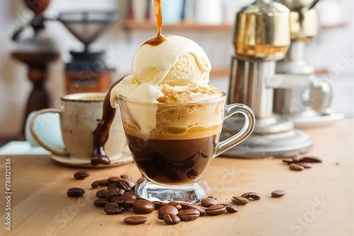 Coffee affogato with vanilla ice cream and espresso
