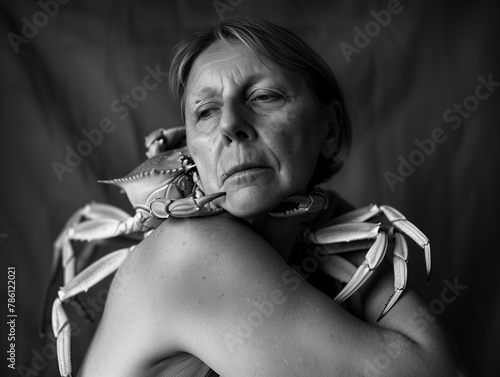 La femme au cancer : portrait d'une malade avec sa tumeur matérialisée en crabe qui lui enserre le cou, photo noir et blanc
