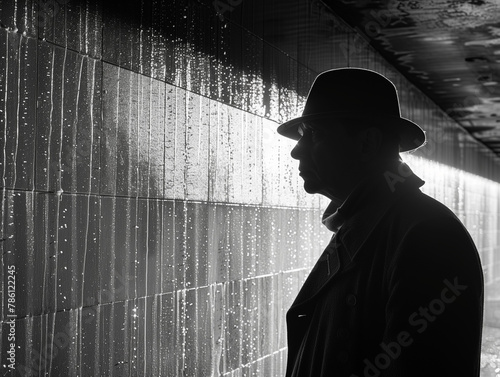 Silhouette d'un homme âgé avec un chapeau dans un environnement sombre et souterrain, détective privé et ambiance polar 