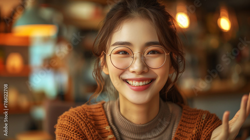A Korean woman with glasses is smiling and looking at the camera. She is wearing a brown sweater and has her hair in a ponytail. A Korean woman in her mid-30s, wearing nice glasses, calm smiling