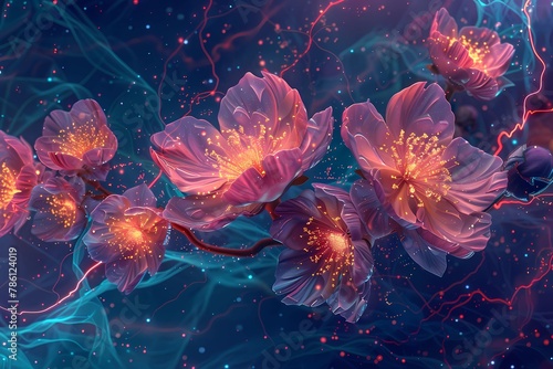 AI generated illustration of beautiful blooming pink flowers on a branch